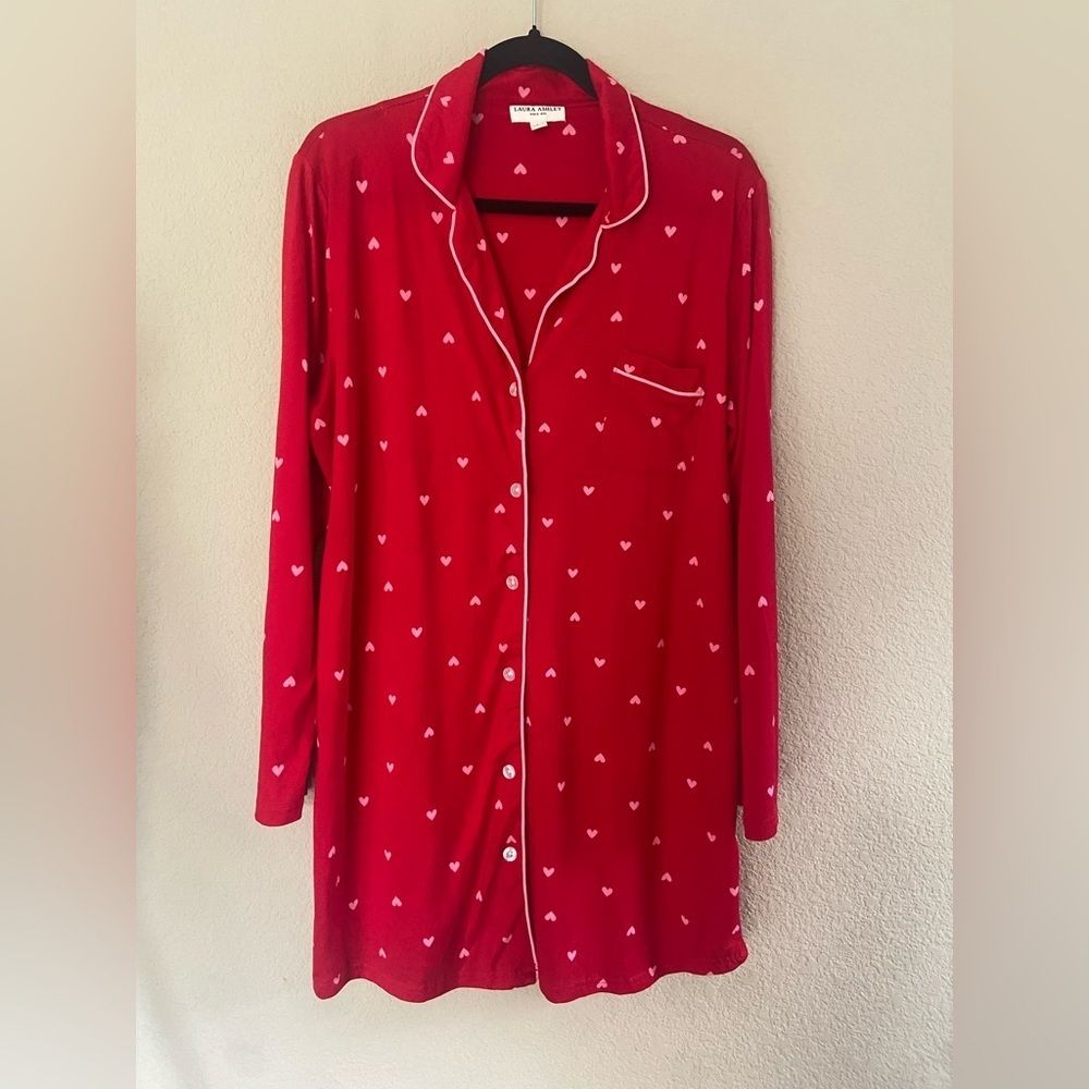 Laura Ashley Red With Pink Hearts Button Down Pajama Nightgown Large Loungewear